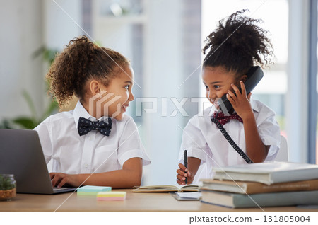 Happy, talking and girls playing as business people in an office, pretending and acting like employees. Smile, together and little children with a laptop and on a phone call for pretend play 131805004
