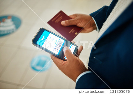 Airport, phone screen and passport in hands for booking online ticket, digital information and travel fintech. E commerce, website flight registration and business black man with mobile app ux or ui Airport, phone screen and passport in hands for booking online ticket, digital information and travel fintech. E commerce, website flight registration and business black man with mobile app ux or ui 131805076