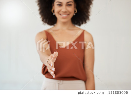 Business woman, handshake and portrait smile for meeting, greeting or recruitment hiring at the office. Hand of happy female recruiter shaking hands for thank you, welcome or deal in work agreement 131805096