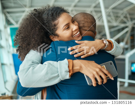 Black people hug, reunion at airport and travel with love, care and relationship, happy to see partner after trip with couple. Hello, happiness and commitment, together and embrace with greeting 131805116