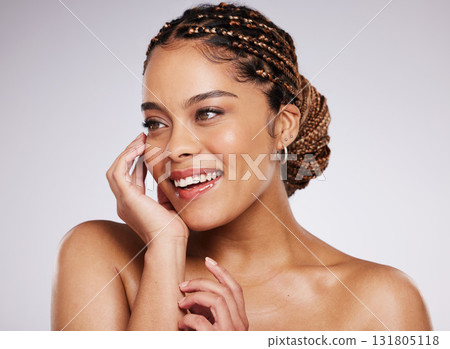Smile, face or happy model with beauty after skincare or self care routine isolated on studio background. Headshot, beautiful or Latino girl smiling with natural facial treatment or grooming results Smile, face or happy model with beauty after skincare or self care routine isolated on studio background. Headshot, beautiful or Latino girl smiling with natural facial treatment or grooming results 131805118