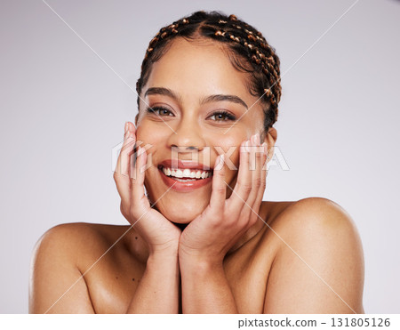 Portrait, face or happy model with beauty after skincare or self care routine isolated on studio background. Relax, beautiful or Latino girl smiling with natural facial treatment or grooming results Portrait, face or happy model with beauty after skincare or self care routine isolated on studio background. Relax, beautiful or Latino girl smiling with natural facial treatment or grooming results 131805126