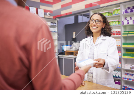 Pharmacist, medicine and doctor with customer for in store with healthcare stock. Pharmacy woman and patient talking advice on pills or Pharma product for medical retail service, health and wellness 131805129