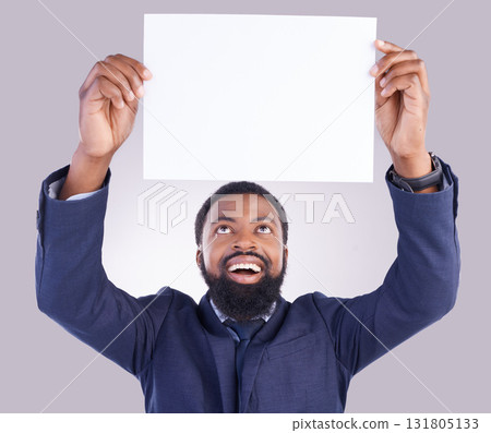 Business, excited man and poster in white background, studio or mockup space. Happy corporate, black male and holding board, marketing wow news and advertising banner for blank mock up, paper or sign Business, excited man and poster in white background, studio or mockup space. Happy corporate, black male and holding board, marketing wow news and advertising banner for blank mock up, paper or sign 131805133