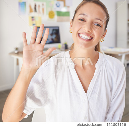 Hello, video call and portrait of woman in office for conference, communication and networking. Wave, greeting and online meeting with female in startup agency for virtual, friendly and webinar Hello, video call and portrait of woman in office for conference, communication and networking. Wave, greeting and online meeting with female in startup agency for virtual, friendly and webinar 131805136