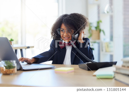 Young child, playing office and phone call with laptop for networking, contact or communication. Girl, smile and listening for deal, negotiation and reading website on computer at desk in workplace 131805144