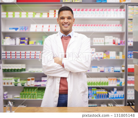 Pharmacy, smile and confidence, portrait of man at drugstore counter, customer service and medical advice in Brazil. Prescription drugs, pharmacist and inventory of pills and medicine at checkout. Pharmacy, smile and confidence, portrait of man at drugstore counter, customer service and medical advice in Brazil. Prescription drugs, pharmacist and inventory of pills and medicine at checkout. 131805148