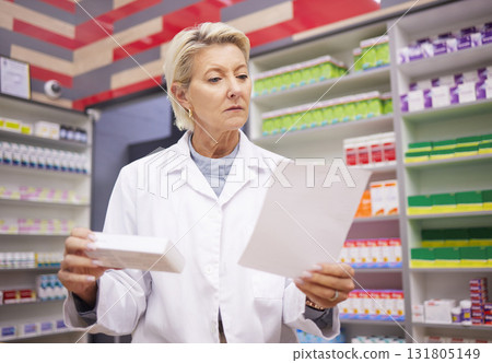 Pharmacist, woman and medicine prescription paper in store with mockup stock on shelf for healthcare. Doctor in pharmacy reading info on Pharma product box for medical service, wellness and health Pharmacist, woman and medicine prescription paper in store with mockup stock on shelf for healthcare. Doctor in pharmacy reading info on Pharma product box for medical service, wellness and health 131805149