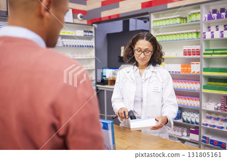 Pharmacy, woman scanning medicine and customer at checkout counter for prescription drugs pruchase. Healthcare, pills and pharmacist with medical product in box and digital scanner in drugstore. Pharmacy, woman scanning medicine and customer at checkout counter for prescription drugs pruchase. Healthcare, pills and pharmacist with medical product in box and digital scanner in drugstore. 131805161