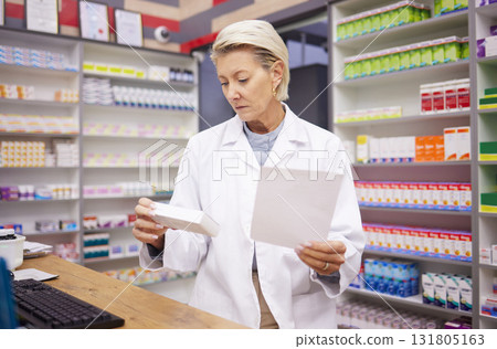 Pharmacy, medicine and woman reading prescription paper in store with mockup healthcare shelf. Pharmacist or doctor check info on Pharma product box for medical prescription, health and wellness 131805163