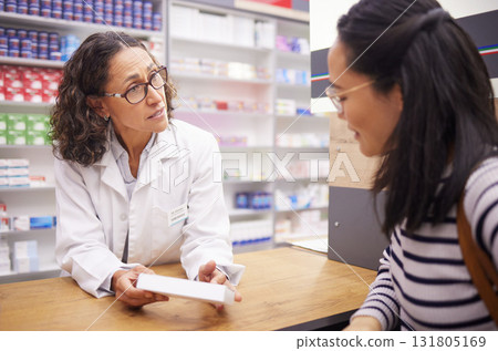 Senior woman, pharmacy information and customer with pharmacist talking about pills side effects. Reading, prescription info and healthcare worker talking about insurance support and wellness check Senior woman, pharmacy information and customer with pharmacist talking about pills side effects. Reading, prescription info and healthcare worker talking about insurance support and wellness check 131805169