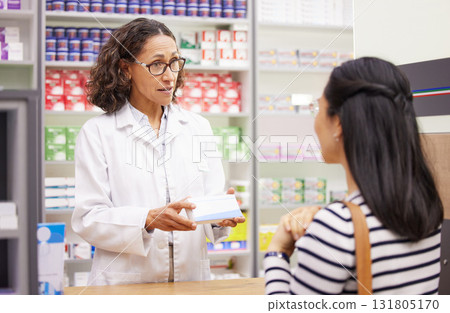 Pharmacy, woman customer and medicine for healthcare stock mockup in store for retail. Pharmacist doctor talking to patient for advice or info box or Pharma product for medical service and health Pharmacy, woman customer and medicine for healthcare stock mockup in store for retail. Pharmacist doctor talking to patient for advice or info box or Pharma product for medical service and health 131805170