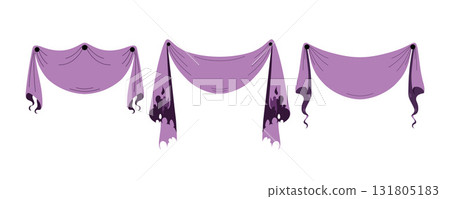 Set of Halloween banner in purple tone with ghostly drip and flowing fabric. Great for party decor, invitation, web or print design. Flat spooky vector illustration with fun seasonal mood. 131805183