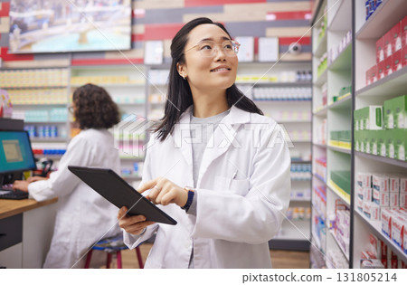 Medicine, tablet and pharmacist woman for product management, stock research and pharmacy inventory. Digital technology, retail logistics and healthcare doctor or person with pharmaceutical product 131805214