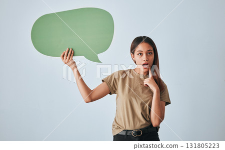 Woman, speech bubble and thinking in studio for thought, social media or problem solving with opinion. Girl student, model and paper poster for opinion, ideas and think with mindset with mockup space Woman, speech bubble and thinking in studio for thought, social media or problem solving with opinion. Girl student, model and paper poster for opinion, ideas and think with mindset with mockup space 131805223