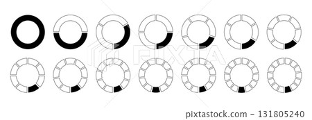Circles divided black diagrams 1, 2, 3, 10, 7, 8, 9, 10, 11, 12, 13, 14 equal parts. Coaching blank templates. Pizza, pie graph shape section charts icons. Segments wheel round divide infographics. 131805240