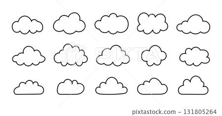Outline clouds. Puffy, cumulus flat clouds. Doodle fluffy clouds set. Cloudy forms samples in black contour. Weather element simple templates. Hand drawn thin cute icons. Objects cloudscape mockups. Outline clouds. Puffy, cumulus flat clouds. Doodle fluffy clouds set. Cloudy forms samples in black contour. Weather element simple templates. Hand drawn thin cute icons. Objects cloudscape mockups. 131805264
