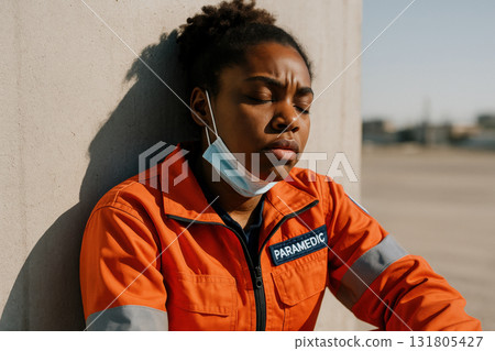 Exhausted paramedic in orange uniform resting against concrete wall outdoors, eyes closed, face mask below chin, serene sunlight, AI Generative 131805427