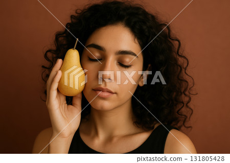 Serene young woman with curly hair holding a ripe yellow pear near her face against a warm brown background, eyes closed, AI Generative 131805428