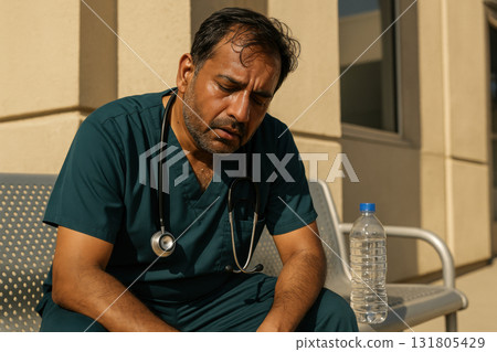 Exhausted healthcare worker in scrubs resting outdoors with stethoscope and water bottle after long shift in natural light, AI Generative 131805429