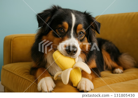 Playful australian shepherd lounging on a yellow sofa while holding a plush banana toy in its mouth indoors, AI Generative 131805430