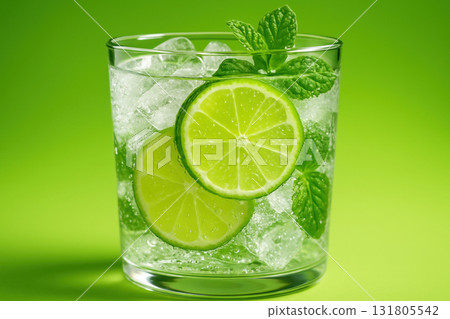 Refreshing glass of iced lime water with mint leaves on a vibrant green background, symbolizing freshness and hydration, AI Generative Refreshing glass of iced lime water with mint leaves on a vibrant green background, symbolizing freshness and hydration, AI Generative 131805542