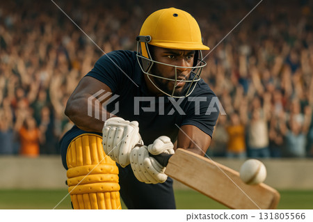 Focused male cricket batsman in action wearing protective gear during an intense match with enthusiastic crowd watching in stadium, AI Generative 131805566