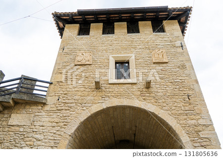 Republic San Marino old tower Arch window fort architecture. Castle detail 131805636