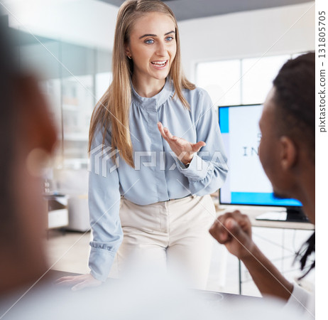 Talking, presentation and business woman in meeting for planning, marketing strategy and ideas. Teamwork, leadership and manager speaking, explain and in discussion for review, project and report 131805705