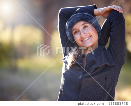 Hiking, stretching and mock up with a woman in nature, thinking about a hike in the woods or forest. Fitness, warm up and a female hiker getting ready for a walk outside in the natural wilderness 131805738