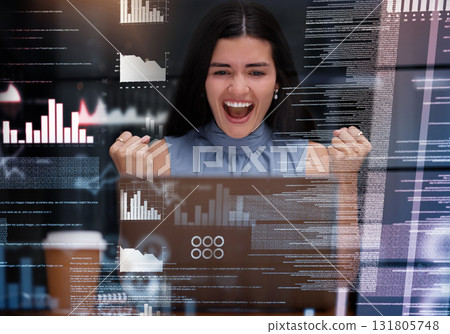 Excited, stock market and finance with woman and laptop with overlay for growth, trading and cryptocurrency news. Data, success and winner with employee and digital chart for trading and investment Excited, stock market and finance with woman and laptop with overlay for growth, trading and cryptocurrency news. Data, success and winner with employee and digital chart for trading and investment 131805748