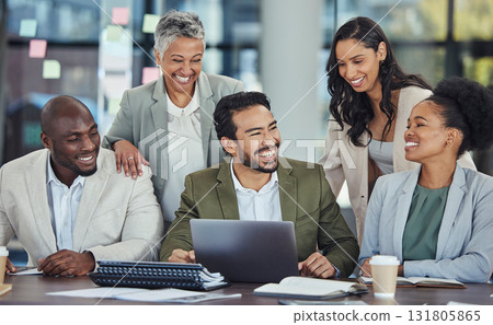 Success, laptop and happy business people in office for planning, marketing strategy and working together. Teamwork, collaboration and group of workers with computer for report, meeting and project Success, laptop and happy business people in office for planning, marketing strategy and working together. Teamwork, collaboration and group of workers with computer for report, meeting and project 131805865