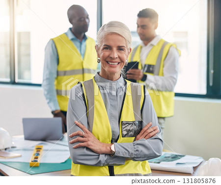 Senior woman, portrait and engineering project manager with construction gear and project blueprint. Architecture team, building plans and proud elderly industrial employee with staff and smile 131805876