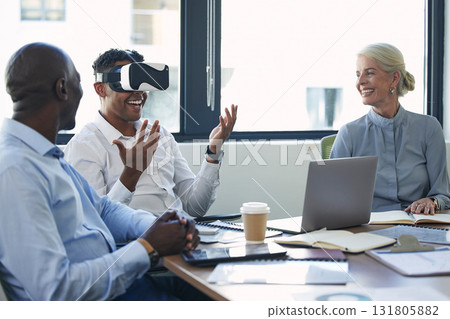 Virtual reality, people meeting and future technology with software test and company metaverse experience. VR glasses of digital team, employees or happy business group in futuristic database review Virtual reality, people meeting and future technology with software test and company metaverse experience. VR glasses of digital team, employees or happy business group in futuristic database review 131805882