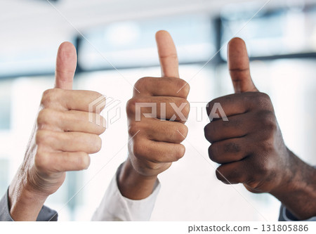 Thumbs up, hands and group together in office with diversity, agreement and solidarity at job. Business people, hand sign and solidarity with team building, collaboration and motivation in workplace 131805886