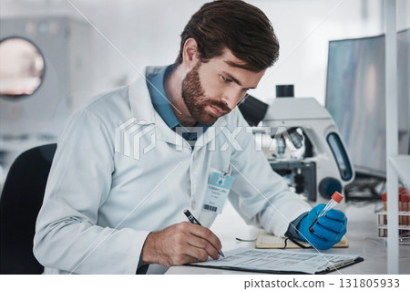 Report, blood sample and scientist writing results of healthcare, research and science analytics. Data, medicine and man doing an investigation of dna with notes, paperwork and a document at a lab 131805933