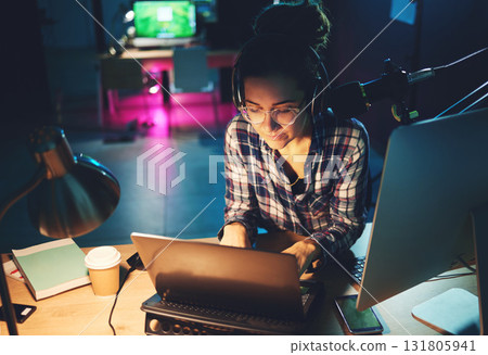 Live streaming, computer and podcast woman typing news article, broadcast report or planning platform strategy at night. Journalist or person on laptop and microphone for student politics or radio Live streaming, computer and podcast woman typing news article, broadcast report or planning platform strategy at night. Journalist or person on laptop and microphone for student politics or radio 131805941