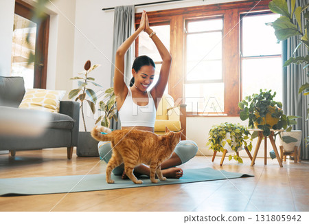 Cat, fitness or happy woman in yoga lotus pose for body flexibility, wellness or healthy lifestyle. Kitten, pet animal or zen girl with hands up in exercise, workout or training warm up in house Cat, fitness or happy woman in yoga lotus pose for body flexibility, wellness or healthy lifestyle. Kitten, pet animal or zen girl with hands up in exercise, workout or training warm up in house 131805942