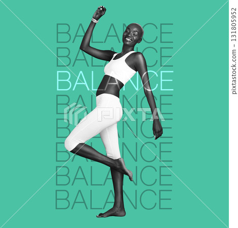 Black woman, balance and fitness with motivation words, overlay and yoga, body care on inspirational poster on green background. Energy, exercise and pilates, happiness and workout with text 131805952