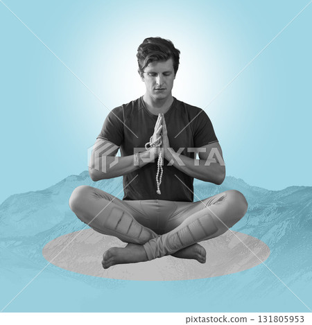 Zen, meditation and man on poster, mountain on blue background and yoga pose in balance. Art, advertising and creative collage design for health, wellness and calm, spiritual lifestyle studio mock up 131805953