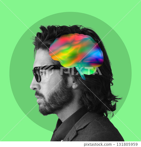 Creative thinking, brain and face of man on green background with ideas, inspiration and innovation. Digital art, psychology mind and profile of male for intelligence, brainstorming and knowledge Creative thinking, brain and face of man on green background with ideas, inspiration and innovation. Digital art, psychology mind and profile of male for intelligence, brainstorming and knowledge 131805959