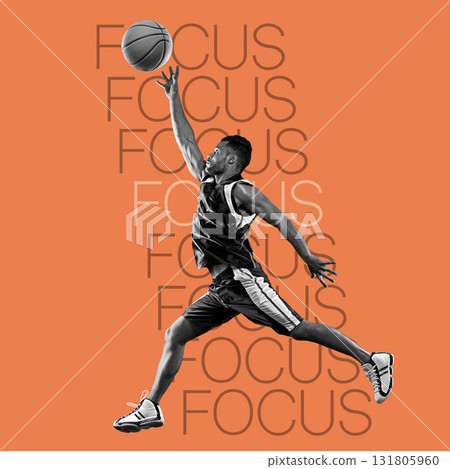Basketball, athlete man and words of motivation with focus, overlay with jump on inspirational poster on orange background. Fitness, energy and ball with training, workout with action and text 131805960