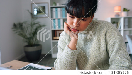 Working, tired and woman with burnout, fatigue and depression with remote work on laptop in home, office or study. Exhausted, mental health and frustrated employee with late, overtime commitment 131805976