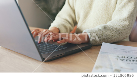Laptop, woman and hand typing information for planning, schedule and meeting review in home office. Closeup, computer and email with strategy analytics for professional work, research and KPI growth Laptop, woman and hand typing information for planning, schedule and meeting review in home office. Closeup, computer and email with strategy analytics for professional work, research and KPI growth 131805986