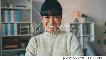 Happy, smile and portrait of businesswoman in the office with positive, good and confident attitude. Happiness, pride and headshot of female designer from Colombia standing in her modern workplace. 131805993