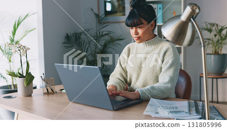 Laptop, woman and typing information for planning, schedule and content review in modern office. Computer, person and email with strategy analytics for work marketing, research and KPI growth 131805996