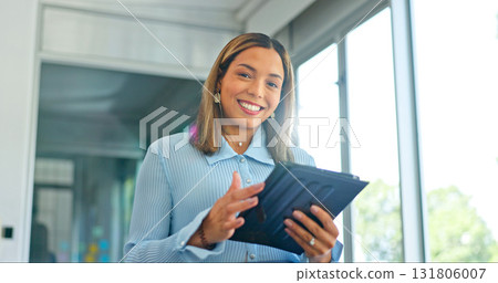 Portrait, tablet and a smile with a business woman using an app in her office for research or planning. Technology, data and email with a happy young employee looking at online info in the workplace 131806007