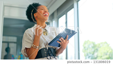 Tablet, excited and business woman celebrate success for office good news, email or feedback. Yes, winning and happy black female employee with technology and wow achievement, fist or online report Tablet, excited and business woman celebrate success for office good news, email or feedback. Yes, winning and happy black female employee with technology and wow achievement, fist or online report 131806019