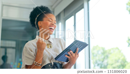 Tablet, success and fist of business woman in office for good news, email or feedback. Bonus, winning and excited black female employee with technology to celebrate wow achievement or online report Tablet, success and fist of business woman in office for good news, email or feedback. Bonus, winning and excited black female employee with technology to celebrate wow achievement or online report 131806020