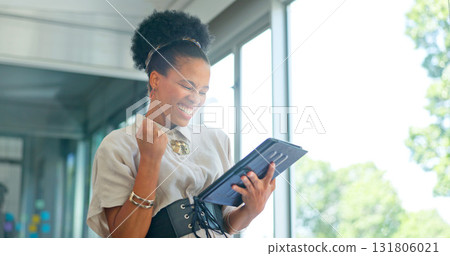 Tablet, excited and success of business woman in office for good news, fist or feedback. Yes, winning and happy black female employee with technology to celebrate wow achievement or online report 131806021